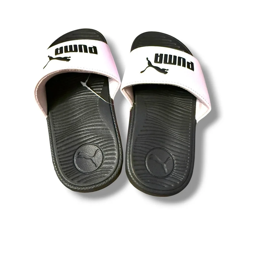 Puma Slide Sandals Girls Size 12C Pink Black Logo Slip On Lightweight NEW - Picture 4 of 6
